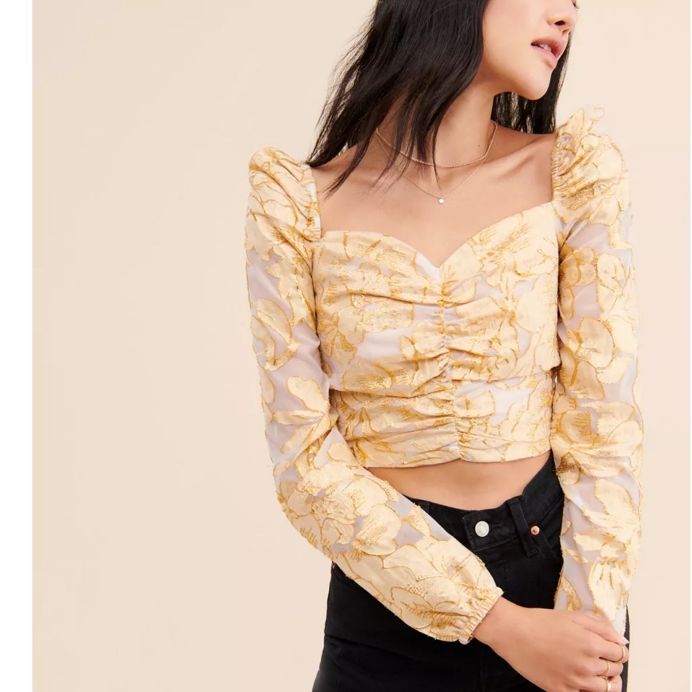 Urban Outfitters Gold Floral Puff Sleeve Crop Top